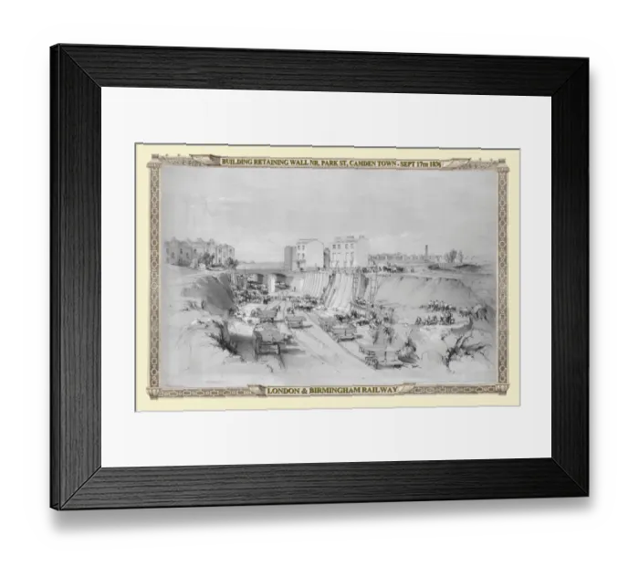 Framed Print : Views on the London to Birmingham Railway - Building the Retaining Walls at Camden Town 1836