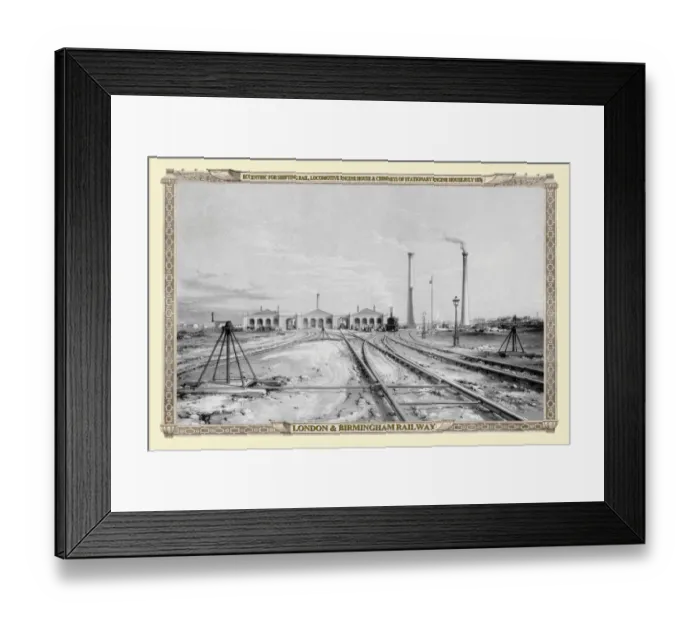 Framed Print : Views on the London to Birmingham Railway - Locomotive Engine Houses and Chimneys 1838