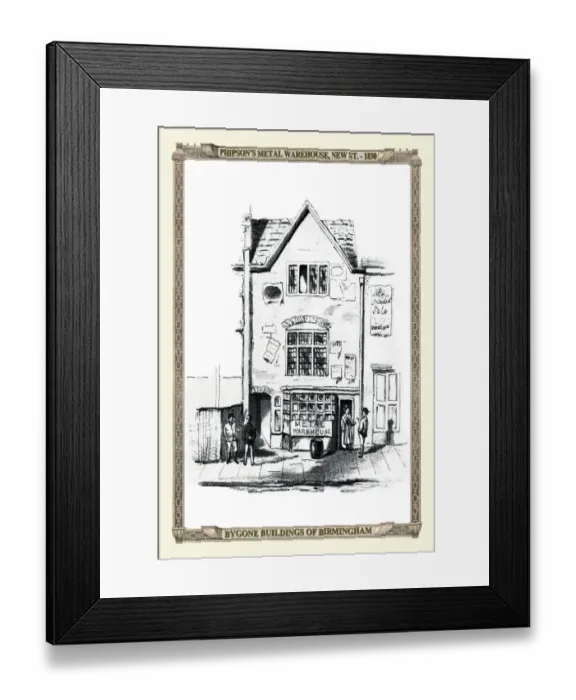 Framed Print : Phipsons Metal Warehouse on New Street, Birmingham 1830 Framed Print : Phipsons Metal Warehouse on New Street, Birmingham 1830