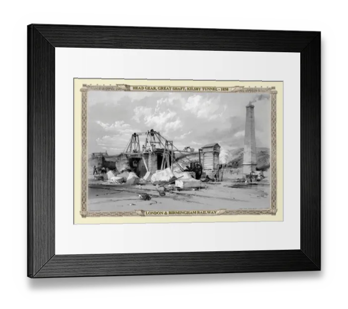 Framed Print : Views on the London to Birmingham Railway - Head Gear on the Great Shaft Kilsby Tunnel 1838