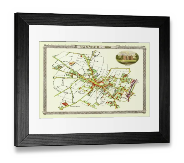 Framed Print : Old Map of Cannock Town in Staffordshire 1886