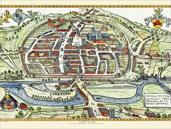 Old Map of Exeter by Braun and Hogenburg 1618