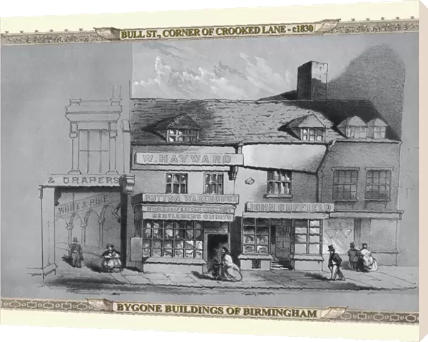 View of Old Shops on the corner of Bull Street and Crooked Lane, Birmingham 1830