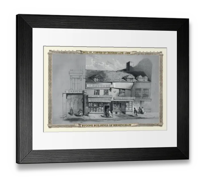 Framed Print : View of Old Shops on the corner of Bull Street and Crooked Lane, Birmingham 1830