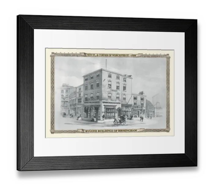 Framed Print : View of New Street, corner of Worcester Street, Birmingham c1830 Framed Print : View of New Street, corner of Worcester Street, Birmingham c1830