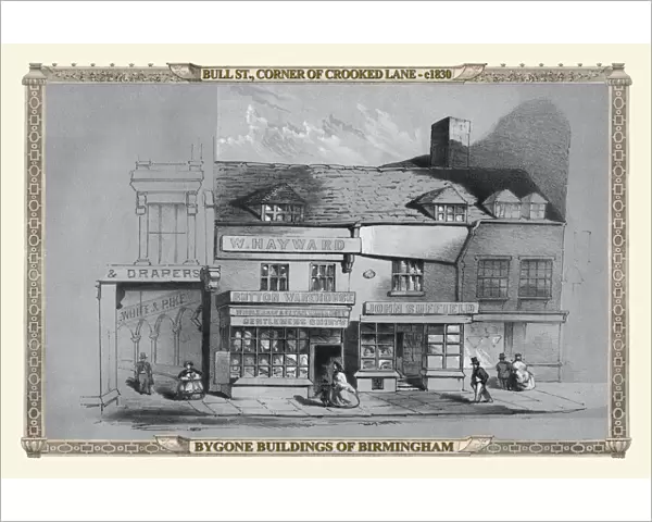 View on Bull Street Birmingham, corner of Crooked Lane 1830