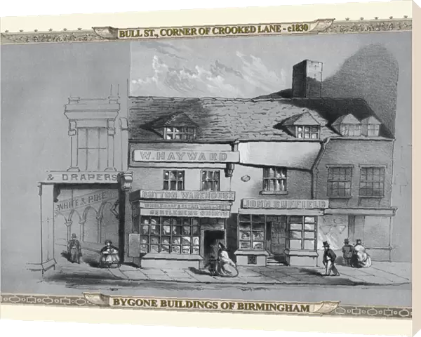 View on Bull Street Birmingham, corner of Crooked Lane 1830