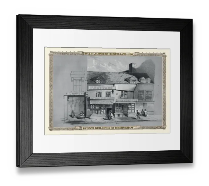 Framed Print : View on Bull Street Birmingham, corner of Crooked Lane 1830 Framed Print : View on Bull Street Birmingham, corner of Crooked Lane 1830