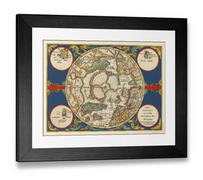 Framed Print : Old Map of The North Pole Septentrionalium Terrarum descriptio'originally Published by Johannes Cloppenburg 1632 Framed Print : Old Map of The North Pole Septentrionalium Terrarum descriptio'originally Published by Johannes Cloppenburg 1632
