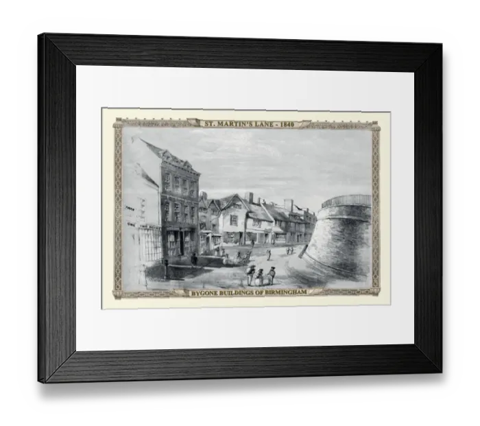 Framed Print : View of Old Buildings, St Martins Lane, Birmingham 1840