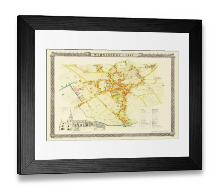 Framed Print : Old Map of Wednesbury Town in the Black Country 1846