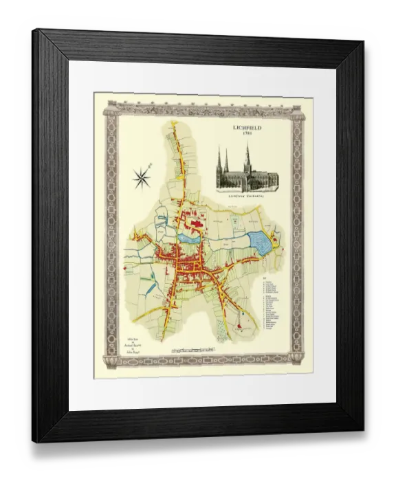 Framed Print : Old Map of Lichfield with inset view of Lichfield Cathedral surveyed in 1781