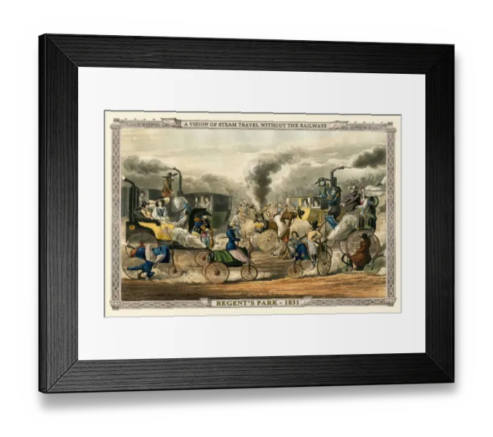 Framed Print : A Vision of Steam Travel Without The Railways - Regents Park 1831 (Alkens Illustrations of Modern Prophecy)