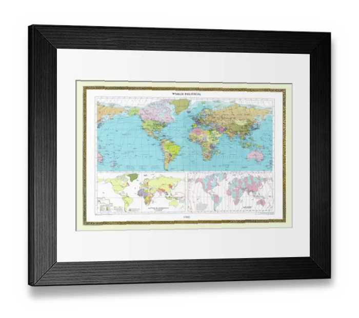 Framed Print : Old Map of the World 1980 Framed Print : Old Map of the World 1980