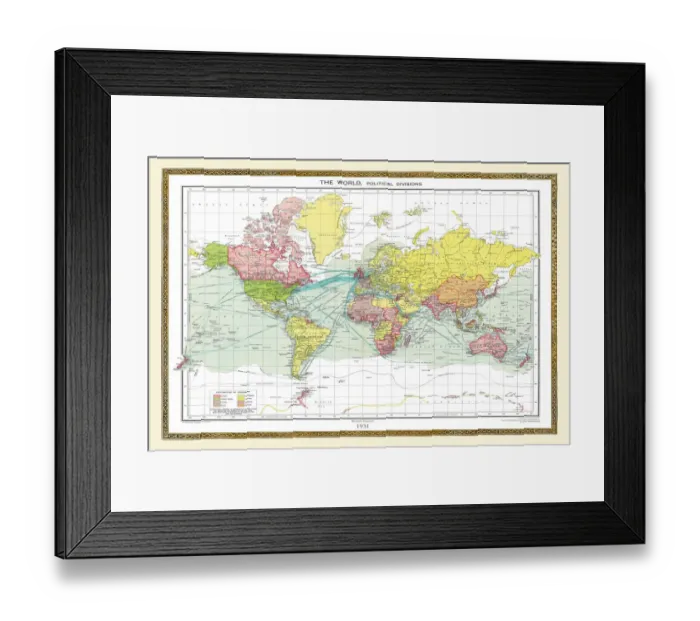 Framed Print : Old Map of the World 1931 Framed Print : Old Map of the World 1931