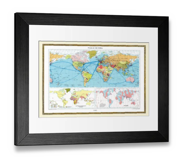 Framed Print : Old Map of the World 1982 Framed Print : Old Map of the World 1982