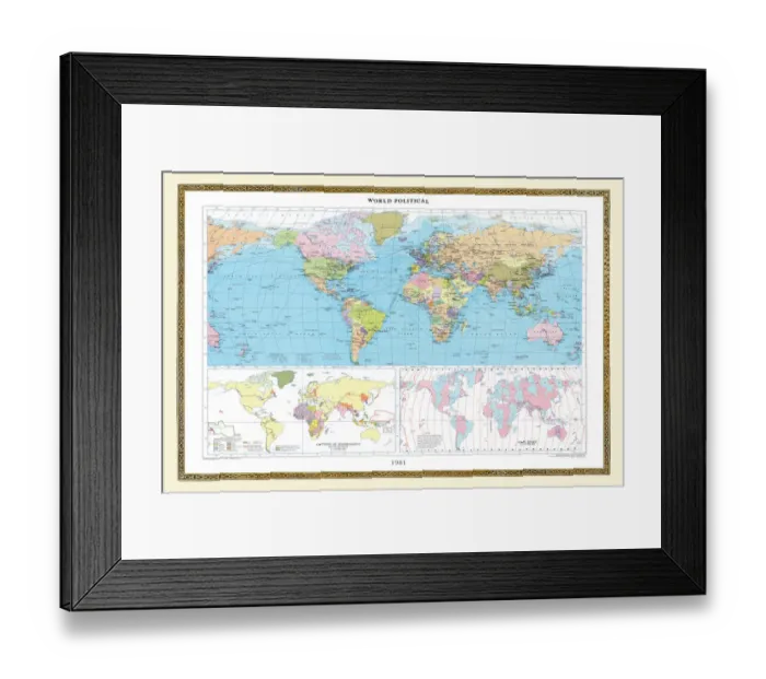 Framed Print : Old Map of the World 1981 Framed Print : Old Map of the World 1981