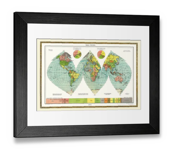 Framed Print : Old Map of the World 1951 Framed Print : Old Map of the World 1951