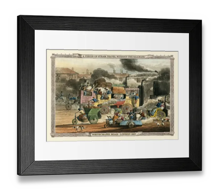 Framed Print : A Vision of Steam Travel Without The Railways - White Chapel 1830 ( Alkens Illustrations of Modern Prophect)