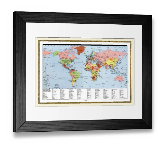 Framed Print : Old Map of the World 1988