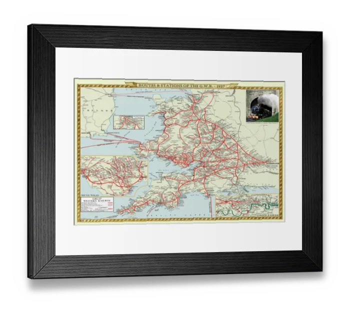 Framed Print : Old Map of the Routes and Stations of the Great Western Railway 1927 Framed Print : Old Map of the Routes and Stations of the Great Western Railway 1927