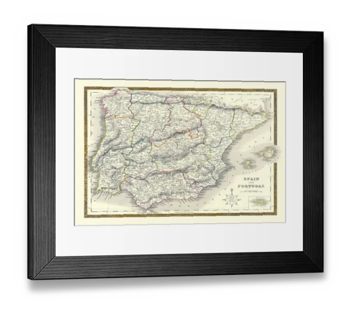 Framed Print : Old Map of Spain and Portugal 1852 by Henry George Collins
