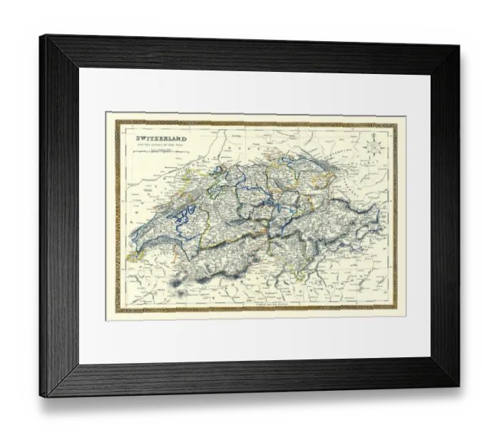 Framed Print : Old Map of Switzerland 1852 by Henry George Collins Framed Print : Old Map of Switzerland 1852 by Henry George Collins