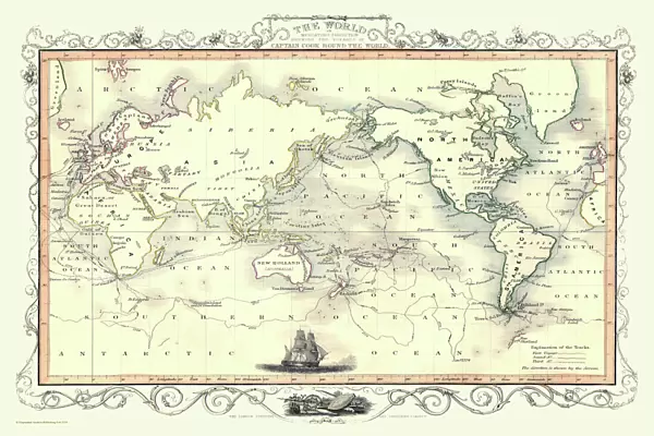 Old Map of the World on Mercators Projection 1851 Showing the Voyages of Captain Cook by John Tallis