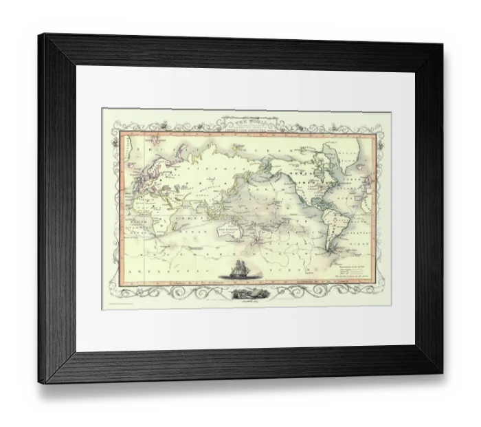 Framed Print : Old Map of the World on Mercators Projection 1851 Showing the Voyages of Captain Cook by John Tallis Framed Print : Old Map of the World on Mercators Projection 1851 Showing the Voyages of Captain Cook by John Tallis