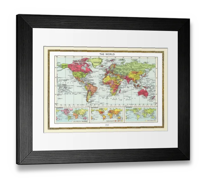 Framed Print : Old Map of the World 1965 Framed Print : Old Map of the World 1965