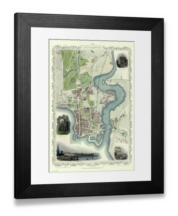 Framed Print : Old Map of Southampton 1851 by John Tallis