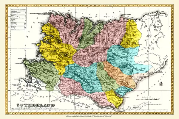 Old County Map of Sutherland Scotland 1847 by A&C Black