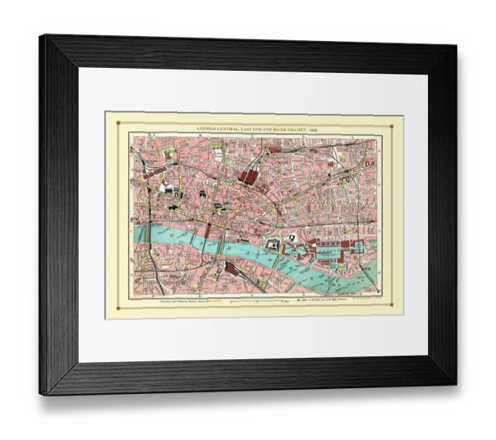 Framed Print : Old Street Map of London Central, East End and River Thames 1908 Framed Print : Old Street Map of London Central, East End and River Thames 1908