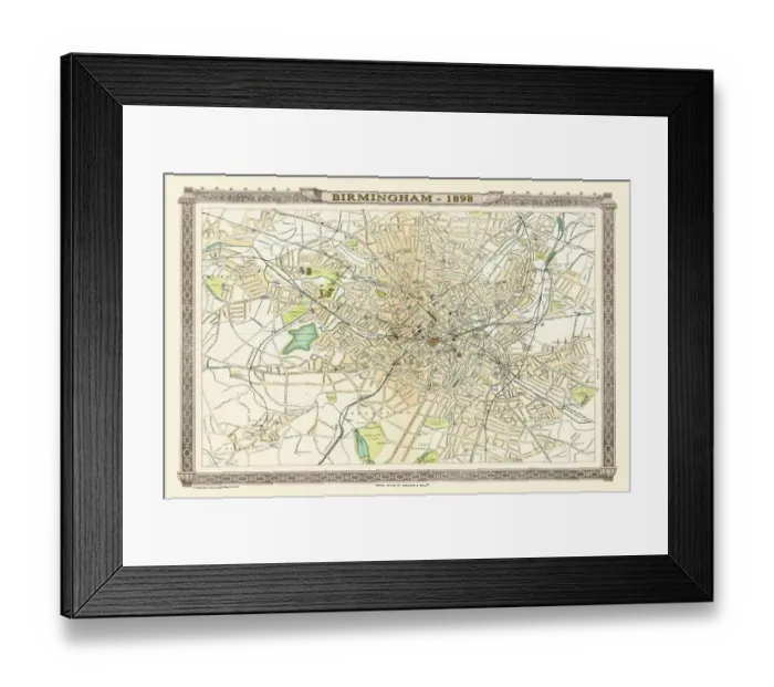 Framed Print : Old Map of Birmingham 1898 from the Royal Atlas by Bartholomew Framed Print : Old Map of Birmingham 1898 from the Royal Atlas by Bartholomew