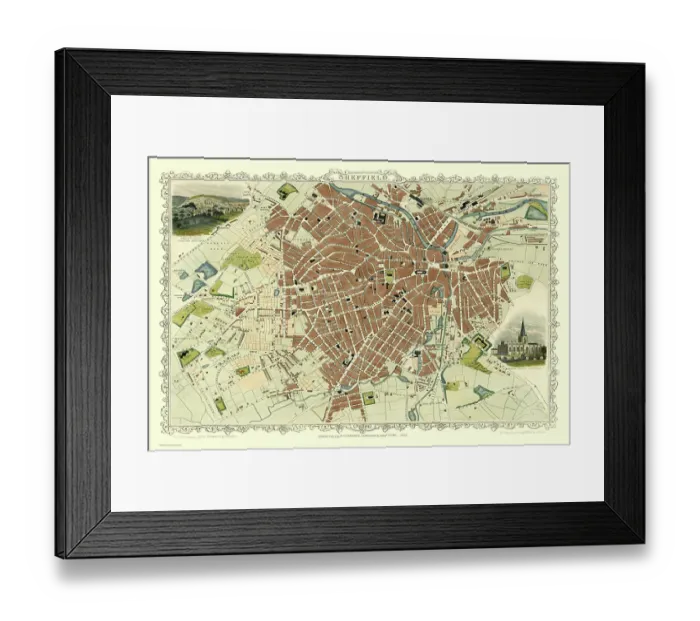 Framed Print : Old Map of Sheffield 1851 by John Tallis Framed Print : Old Map of Sheffield 1851 by John Tallis