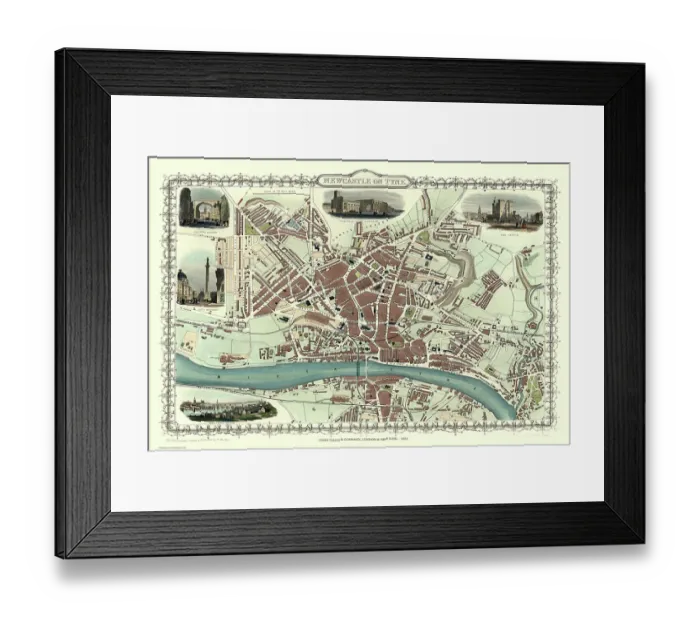 Framed Print : Old Map of Newcastle upon Tyne 1851 by John Tallis
