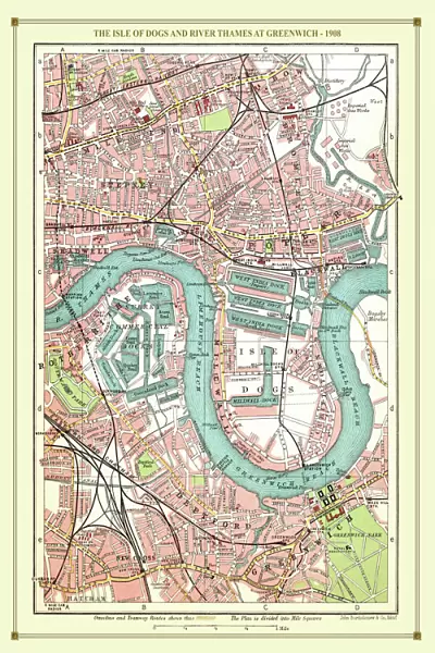 Old Street Map of The Isle of Dogs and River Thames at Greenwich 1908