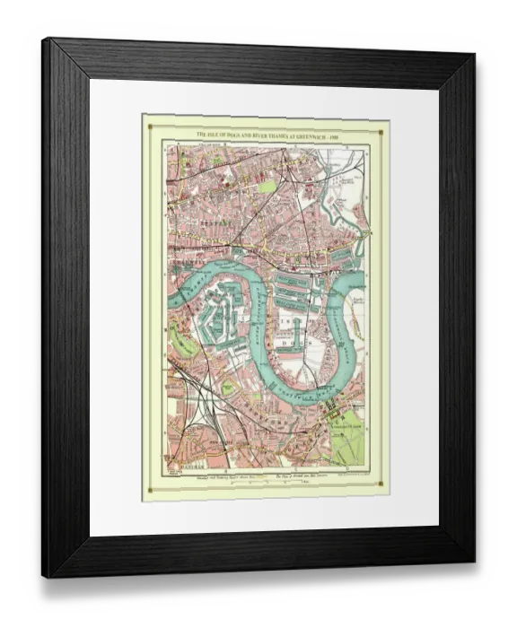 Framed Print : Old Street Map of The Isle of Dogs and River Thames at Greenwich 1908