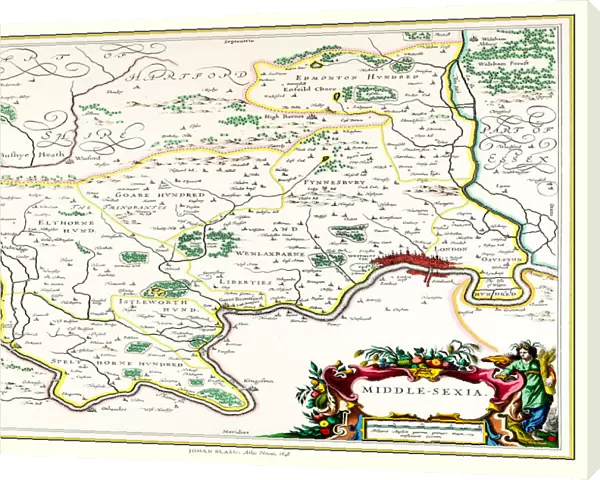 Old County Map of Middlesex 1648 by Johan Blaue from the Atlas Novus