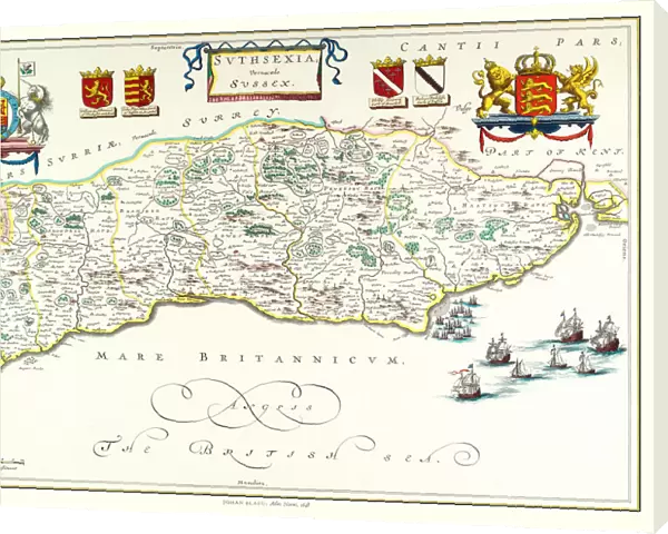 Old County Map of Sussex 1648 by Johan Blaeu from the Atlas Novus