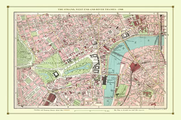 Old Street Map of The Strand, West End and River Thames 1908