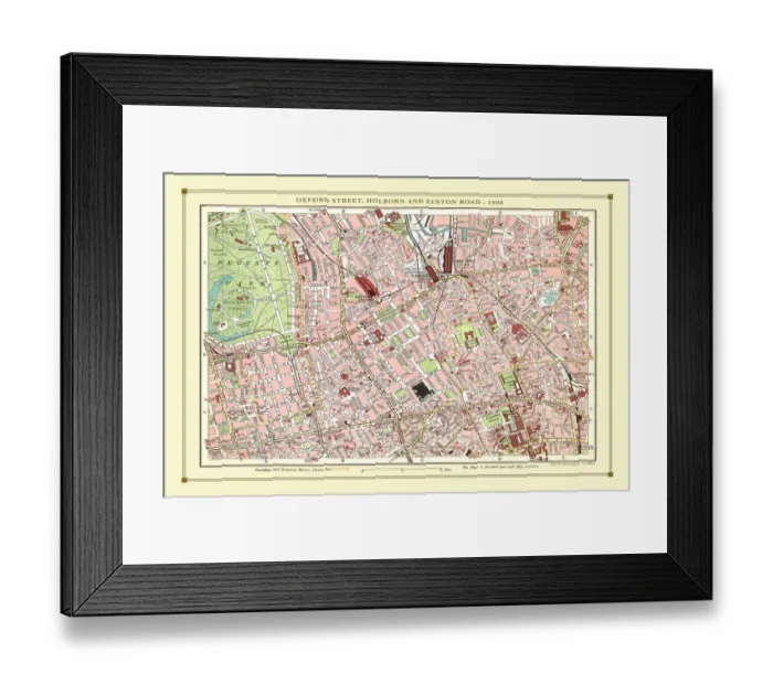 Framed Print : Old Street Map of Oxford Street, Holborn and Euston Road 1908