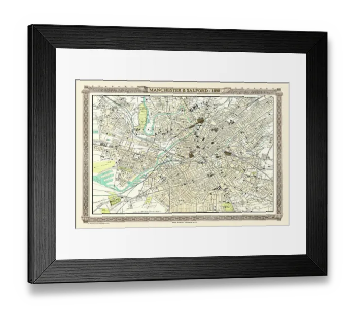 Framed Print : Old Map of Manchester and Salford 1898 from the Royal Atlas by Bartholomew