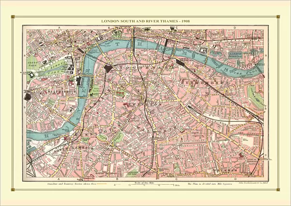 Old Street Map of London South and River Thames 1908