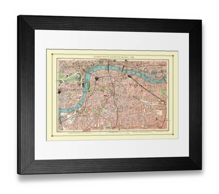 Framed Print : Old Street Map of London South and River Thames 1908 Framed Print : Old Street Map of London South and River Thames 1908