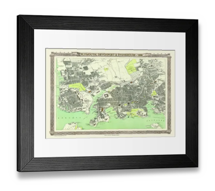 Framed Print : Old Map of Plymouth, Devonport and Stonehouse 1898 from the Royal Atlas by Bartholomew