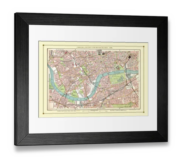 Framed Print : Old Street Map of Chelsea, Putney and River Thames 1908 Framed Print : Old Street Map of Chelsea, Putney and River Thames 1908
