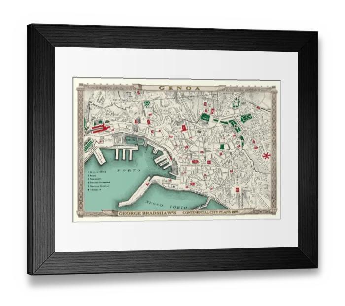 Framed Print : George Bradshaws Plan of Genoa, Italy 1896