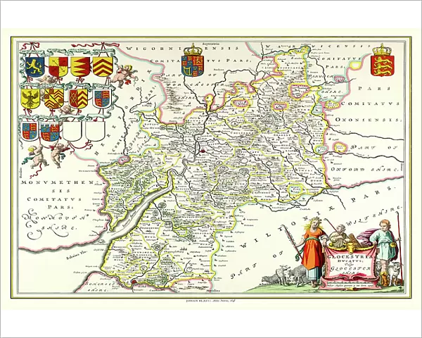 Old County Map of Gloucestershire 1648 by Johan Blaeu from the Atlas Novus