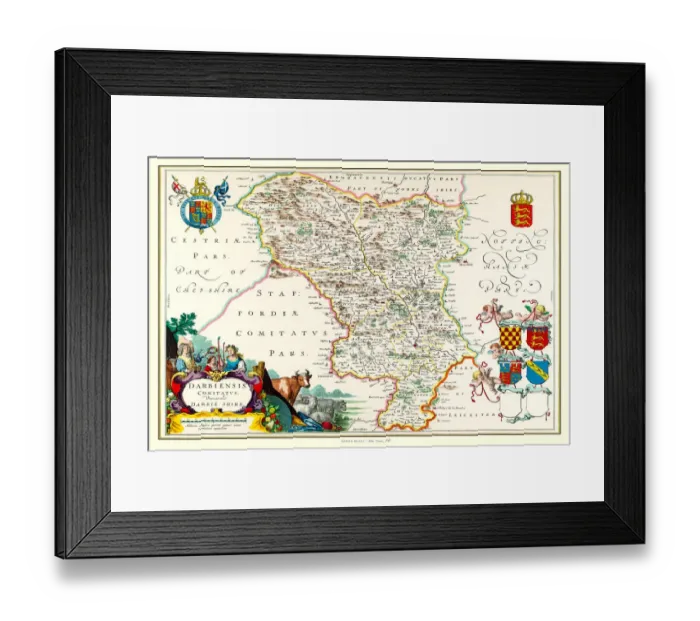 Framed Print : Old County Map of Derbyshire 1648 by Johan Blaeu from the Atlas Novus